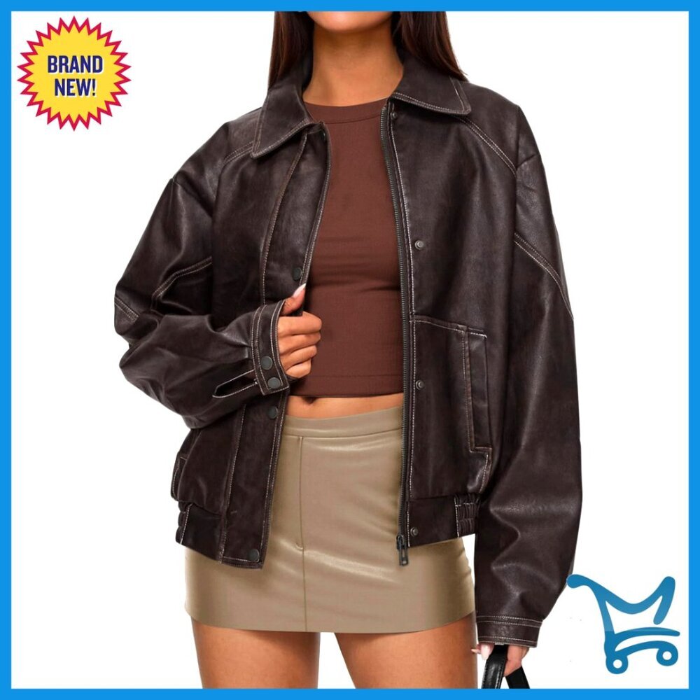 Oversized Faux Leather Bomber Jacket, Motorcycle Style, Winter Coat